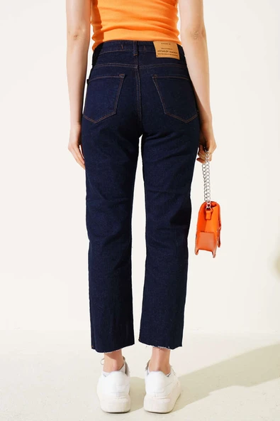 Kesik Dar Paça Mom Jeans Pantolon Lacivert - 3