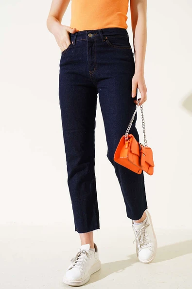 Kesik Dar Paça Mom Jeans Pantolon Lacivert - 2