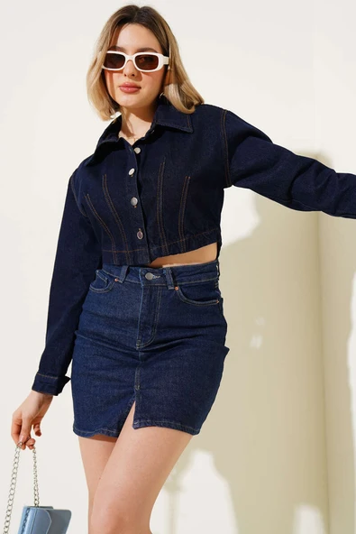 Dikişli Crop Kot Ceket Lacivert - Resim 2