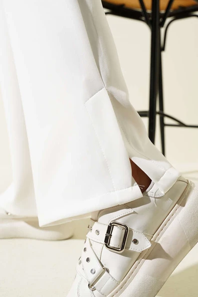 Paça Yırtmaçlı Scuba Pantolon Beyaz - 4