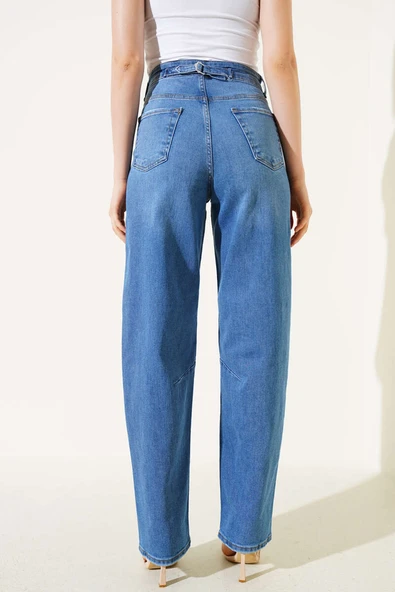 Tokalı Pensli Baggy Kot Pantolon Mavi - Resim 3