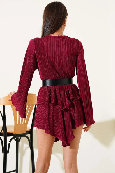 V Yaka Fırfırlı Mini Elbise Bordo - 3