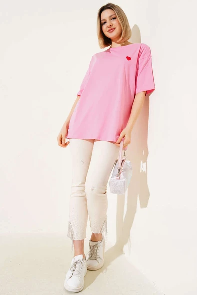 Kalp Nakışlı T-shirt Pembe - 2