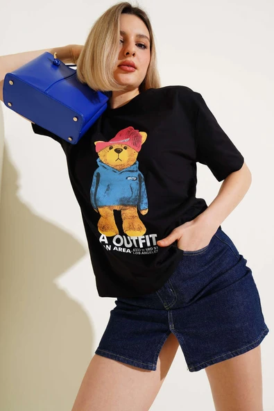 Ön Arka Ayıcık Baskılı T-shirt Siyah - 1