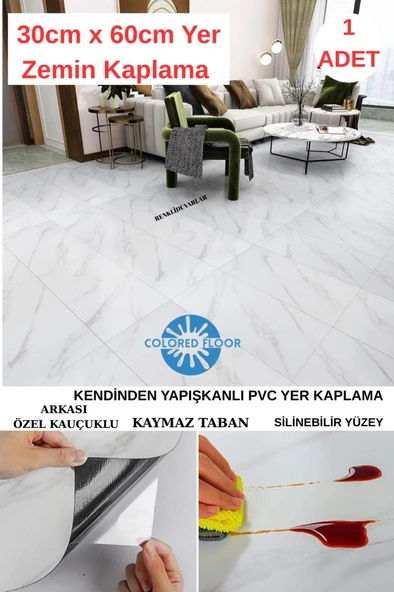 Renkli Duvarlar 30cm x 60cm 1 Adet Yapışkanlı Colored-605 Floor Pvc Panel Yer Zemin Kaplama Paneli Arkası Kauçuklu