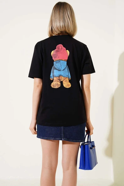Ön Arka Ayıcık Baskılı T-shirt Siyah - 3