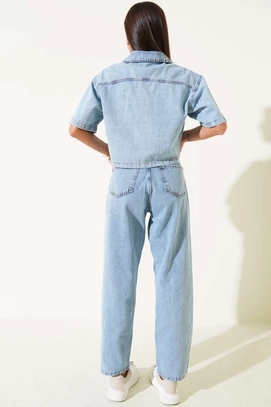 Kısa Kollu Ceketli Kot İkili Takım Açık Mavi - Resim 3