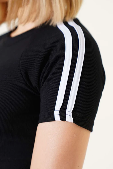 Omuz Şeritli Crop Siyah - Resim 4