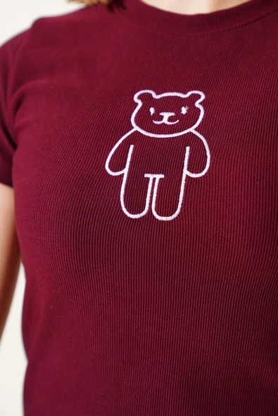 Ayıcık Desenli Nakışlı Kaşkorse Bluz Bordo - Resim 4