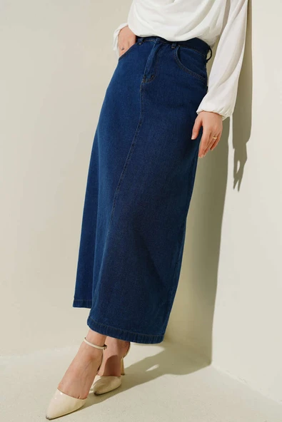 Bel Düğmeli Cepli Kot Etek Kot - Resim 2