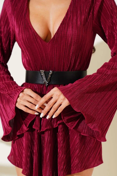 V Yaka Fırfırlı Mini Elbise Bordo - 4