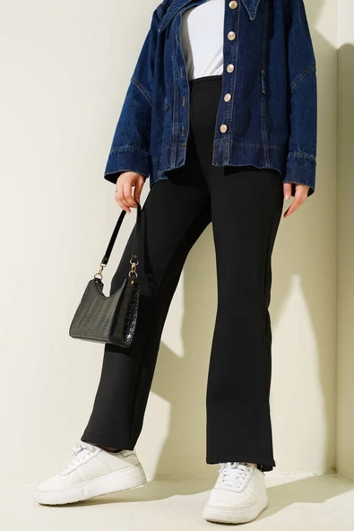 Paça Yırtmaçlı Scuba Pantolon Siyah - Resim 2