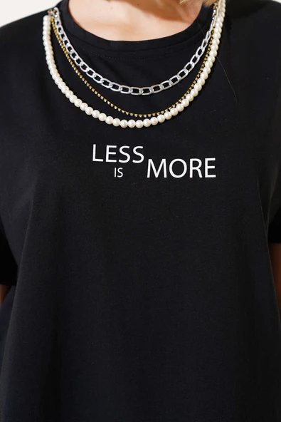 Baskılı Kolyeli T-shirt Siyah - Resim 4