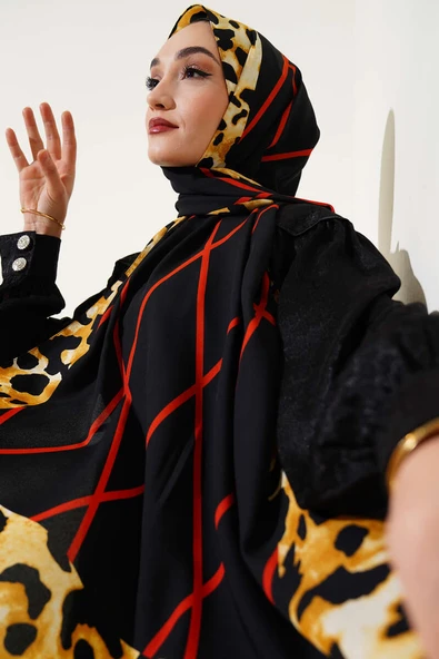 Leopar Şeritli Çizgili Medine Şal Siyah Kiremit ürün görseli 1