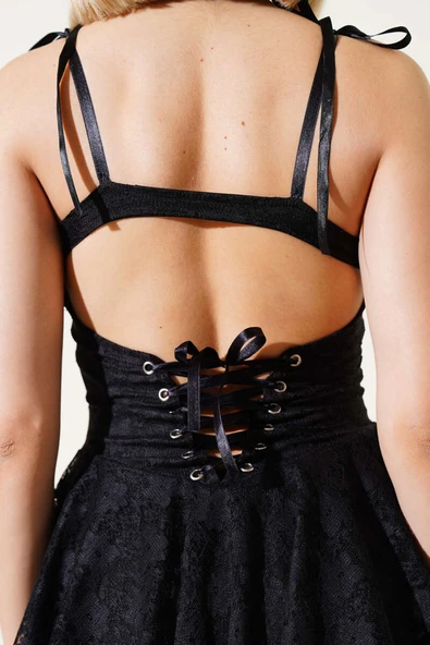 Saten Askılı Dantelli Mini Elbise Siyah - 4