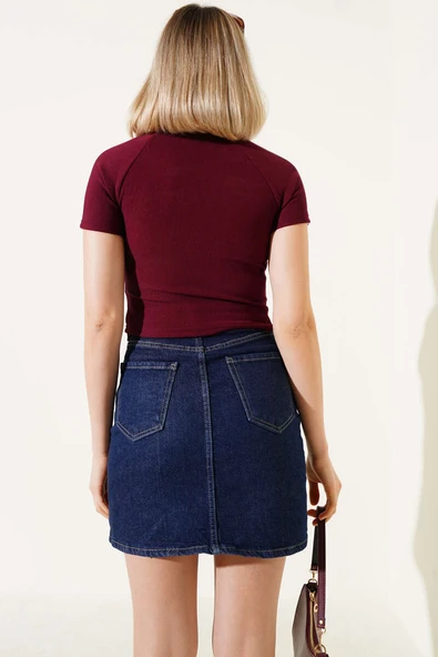 Omuz Şeritli Crop Bordo - Resim 3