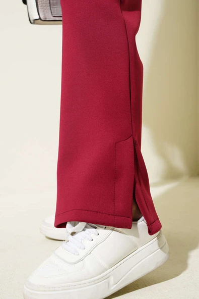 Paça Yırtmaçlı Scuba Pantolon Bordo - Resim 4