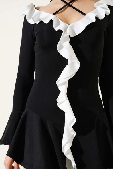 Fırfırlı İp Bağcıklı Mini Elbise Siyah - Resim 4