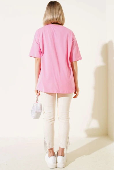 Kalp Nakışlı T-shirt Pembe - 3