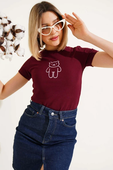 Ayıcık Desenli Nakışlı Kaşkorse Bluz Bordo