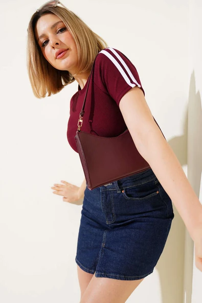 Omuz Şeritli Crop Bordo