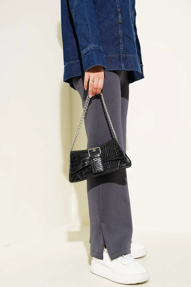 Paça Yırtmaçlı Scuba Pantolon Füme - Resim 3