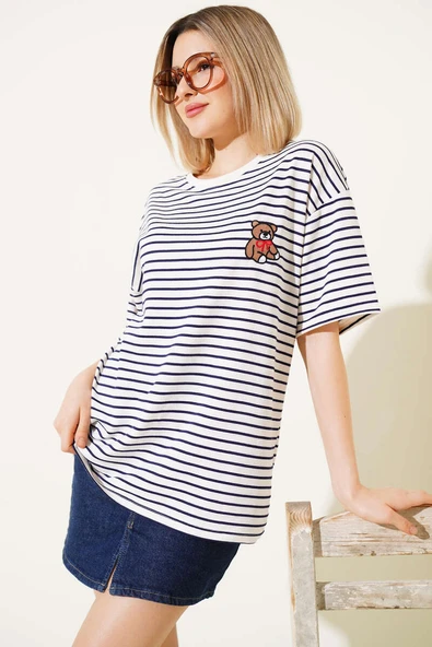 Çizgili Ayıcık Nakışlı T-shirt Lacivert - 2