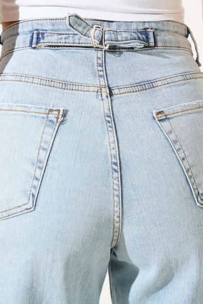 Tokalı Pensli Baggy Kot Pantolon Kar Açık - 4