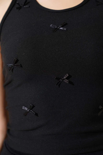 Fiyonklu Kolsuz Kaşkorse Bluz Siyah - Resim 4