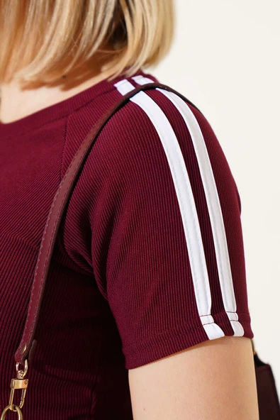 Omuz Şeritli Crop Bordo - Resim 4