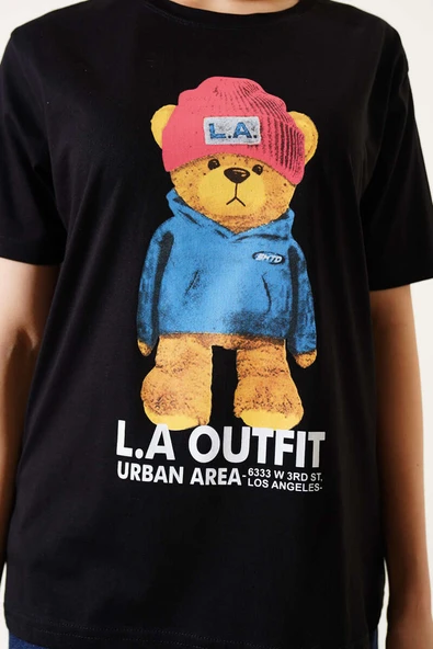 Ön Arka Ayıcık Baskılı T-shirt Siyah - 4