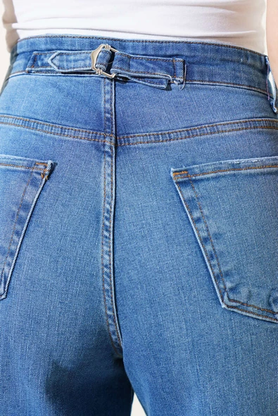 Tokalı Pensli Baggy Kot Pantolon Mavi - Resim 4