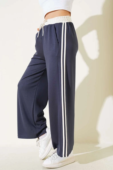 Loyşa Şeritli Geniş Paça Pantolon Füme - 2