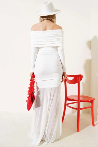 Etek Ucu Tül Büzgülü Kayık Yaka Elbise Ekru - Resim 3