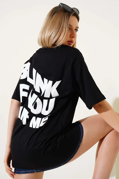 Ön ve Arka Kabartma Baskılı T-shirt Siyah
