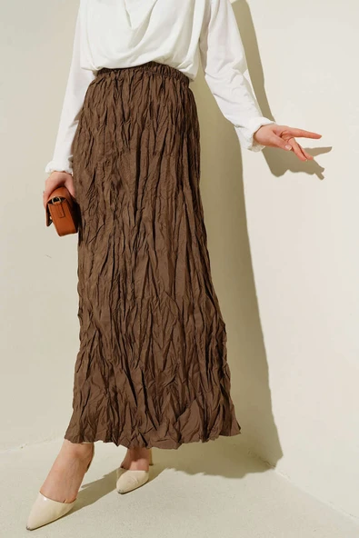 Kırışık Pileli Etek Taba - 2