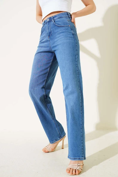 Tokalı Pensli Baggy Kot Pantolon Mavi ürün görseli 1