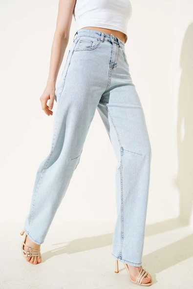 Tokalı Pensli Baggy Kot Pantolon Kar Açık ürün görseli 1