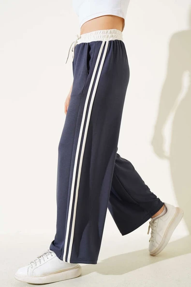 Loyşa Şeritli Geniş Paça Pantolon Füme