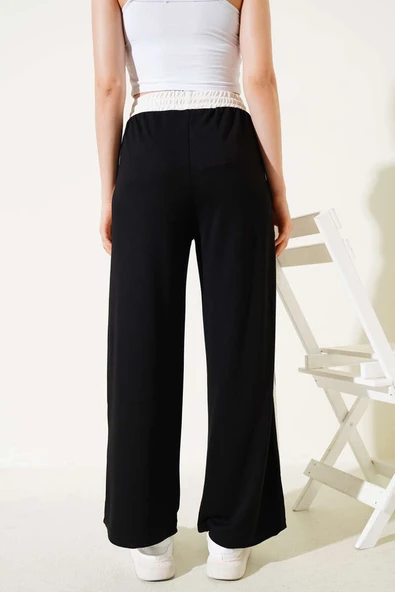 Loyşa Şeritli Geniş Paça Pantolon Siyah - 3