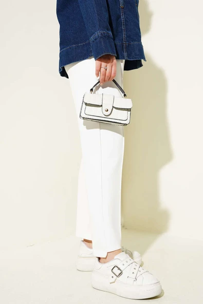 Çımalı Dar Paça Scuba Pantolon Beyaz - Resim 3