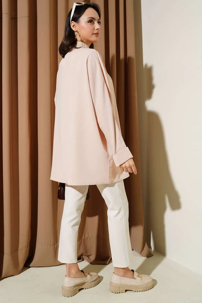 Kolyeli Yarasa Kol Salaş Gömlek Bej - Resim 3