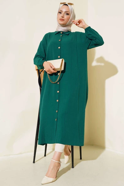 Tahta Düğmeli Ağaç Kabuğu Uzun Gömlek Zümrüt ürün görseli 1