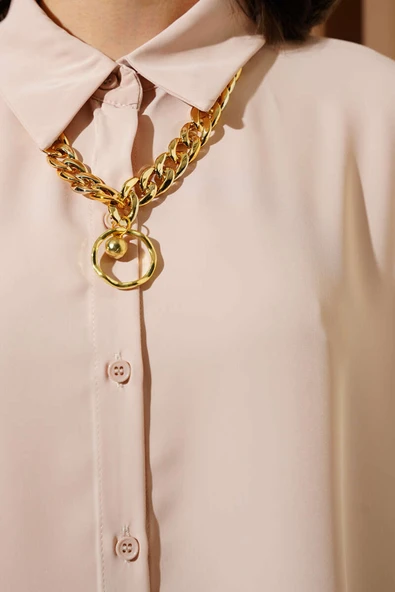 Kolyeli Yarasa Kol Salaş Gömlek Bej - Resim 4