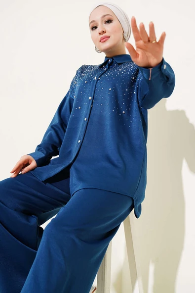 Omuz Taş Süslemeli Tunik İkili Takım İndigo - Resim 2