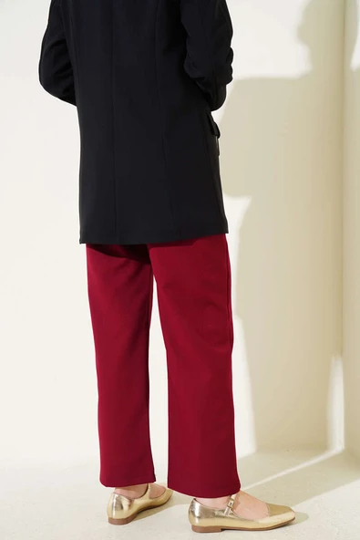 Bel Lastikli Çımalı Bol Paça Pantolon Bordo - Resim 3