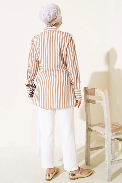 Yandan Bağlamalı Çizgili Kimono Camel - 3