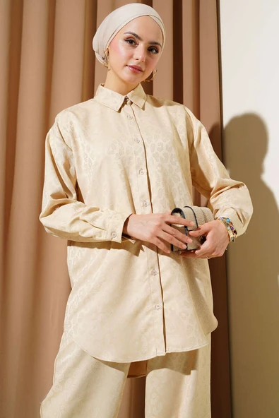 Leopar Desenli Jakar İkili Takım Bej - Resim 2