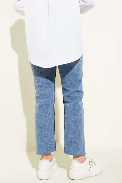 Kesik Paça Mom Kot Pantolon Orta Kar - Resim 3