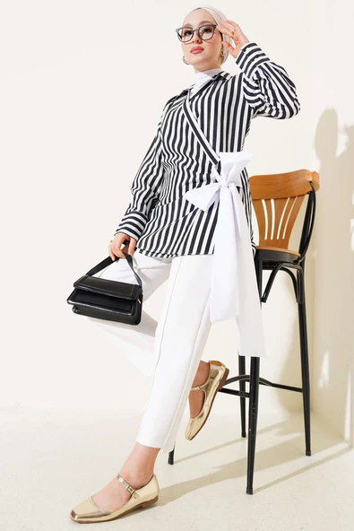 Yandan Bağlamalı Çizgili Kimono Siyah - Resim 2